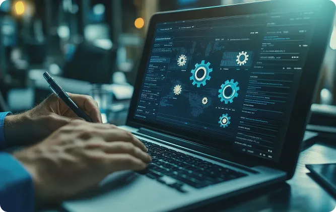 Engineer working on a laptop with an OSI Global infrastructure dashboard